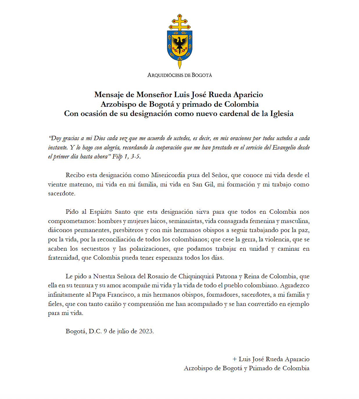nuevo cardenal de colombia